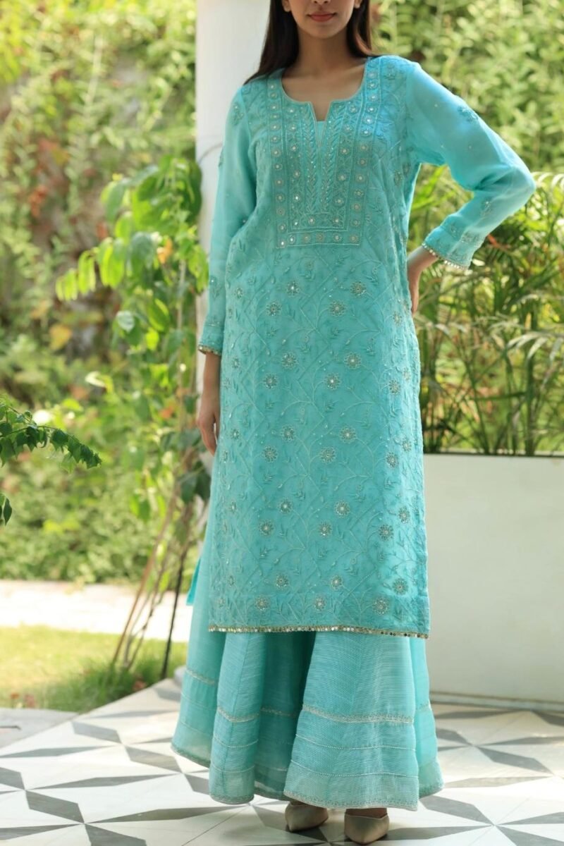 Sea Green Stripe Organza Chikankari Sharara Set