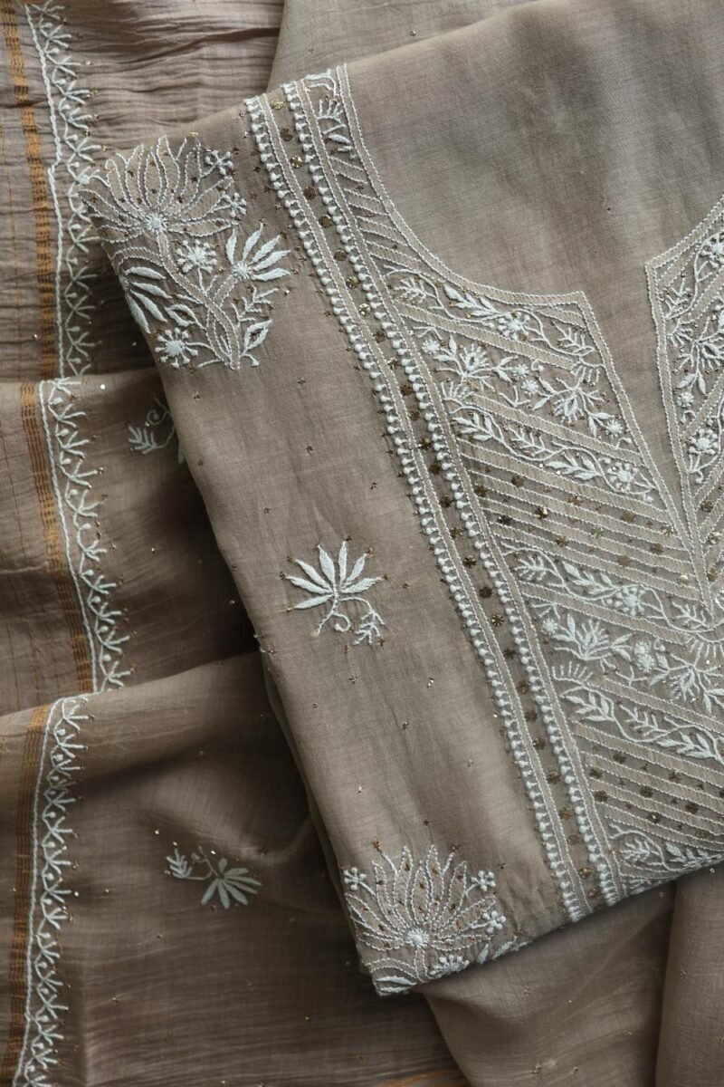 Smokey Grey Mal Cotton Fine Chikankari With Kamdani Work Unstitched Fabric