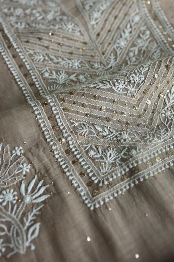 Smokey Grey Mal Cotton Fine Chikankari With Kamdani Work Unstitched Fabric - Image 10
