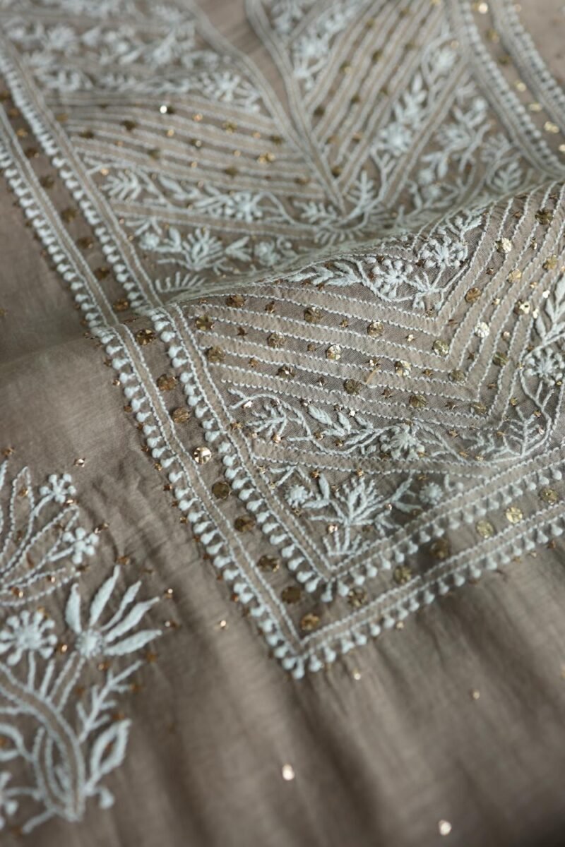 Smokey Grey Mal Cotton Fine Chikankari With Kamdani Work Unstitched Fabric