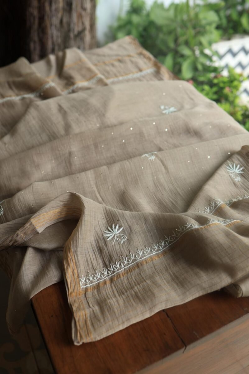 Smokey Grey Mal Cotton Fine Chikankari With Kamdani Work Unstitched Fabric