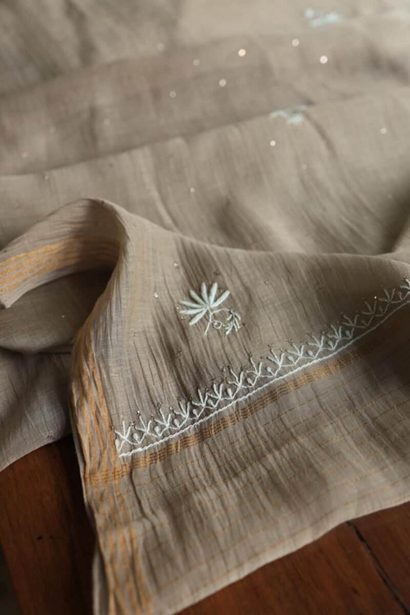 Smokey Grey Mal Cotton Fine Chikankari With Kamdani Work Unstitched Fabric