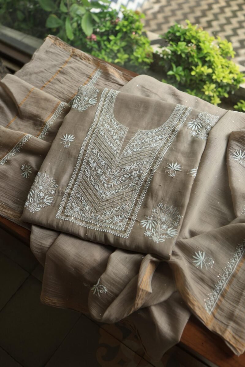 Smokey Grey Mal Cotton Fine Chikankari With Kamdani Work Unstitched Fabric