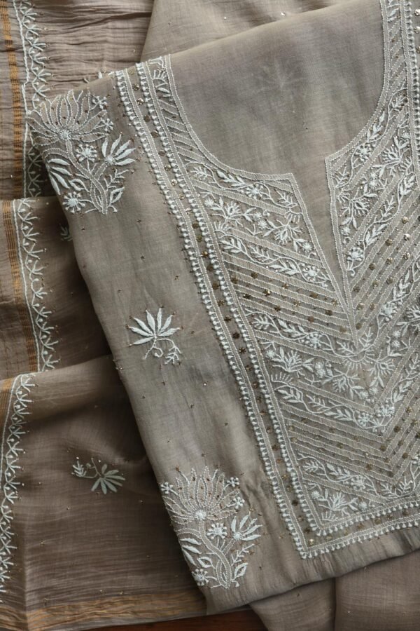 Smokey Grey Mal Cotton Fine Chikankari With Kamdani Work Unstitched Fabric - Image 14