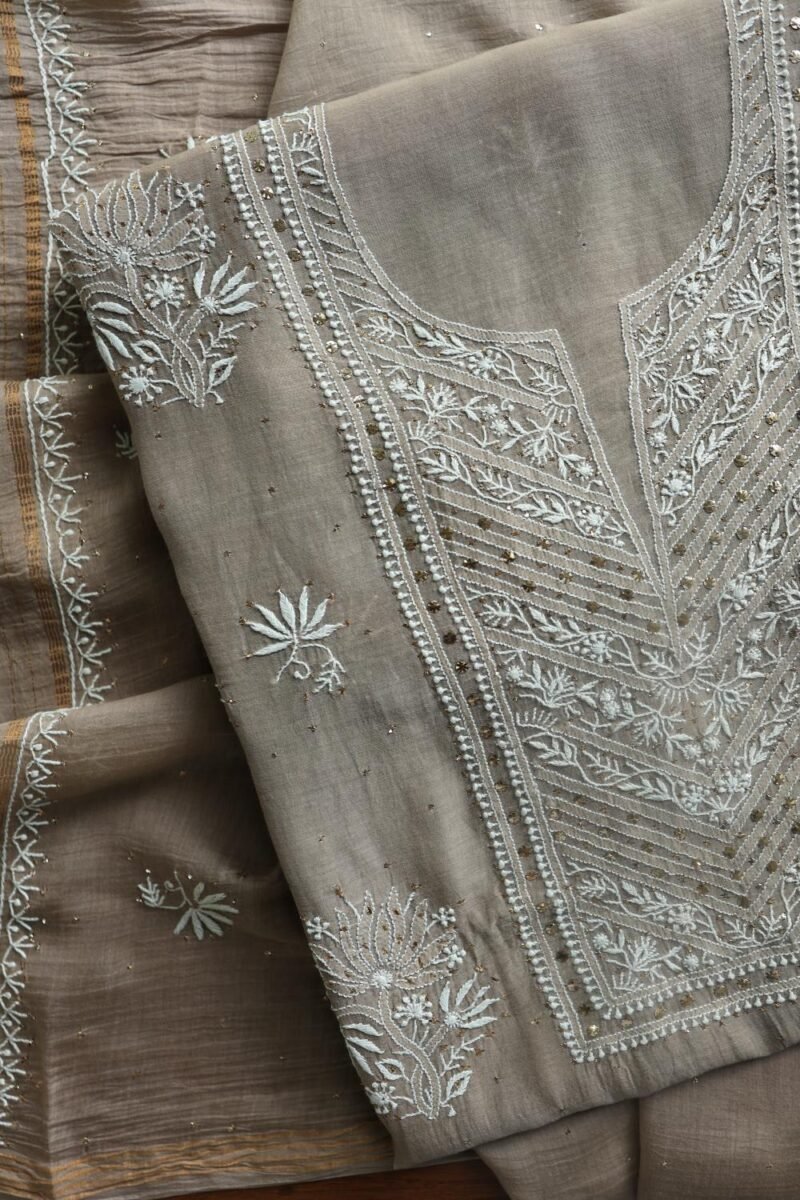 Smokey Grey Mal Cotton Fine Chikankari With Kamdani Work Unstitched Fabric