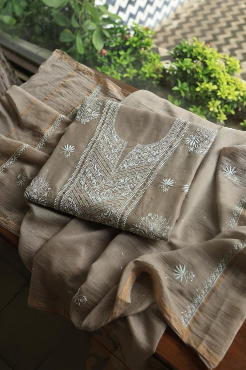 Smokey Grey Mal Cotton Fine Chikankari With Kamdani Work Unstitched Fabric
