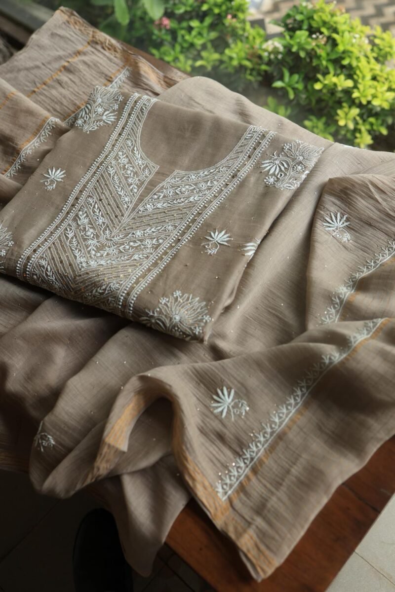 Smokey Grey Mal Cotton Fine Chikankari With Kamdani Work Unstitched Fabric