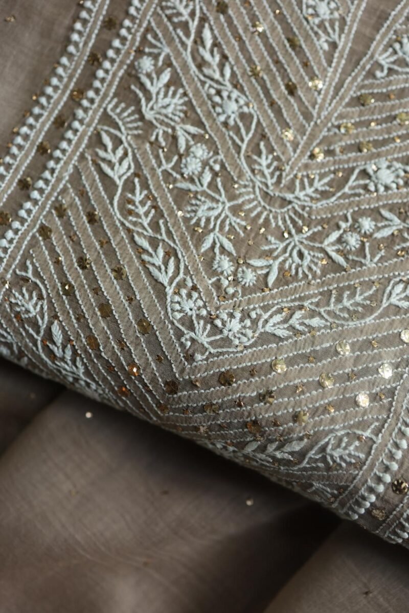 Smokey Grey Mal Cotton Fine Chikankari With Kamdani Work Unstitched Fabric
