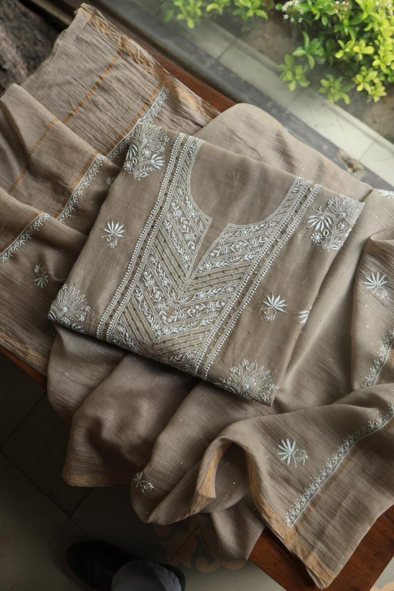 Smokey Grey Mal Cotton Fine Chikankari With Kamdani Work Unstitched Fabric