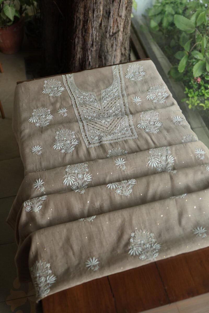 Smokey Grey Mal Cotton Fine Chikankari With Kamdani Work Unstitched Fabric