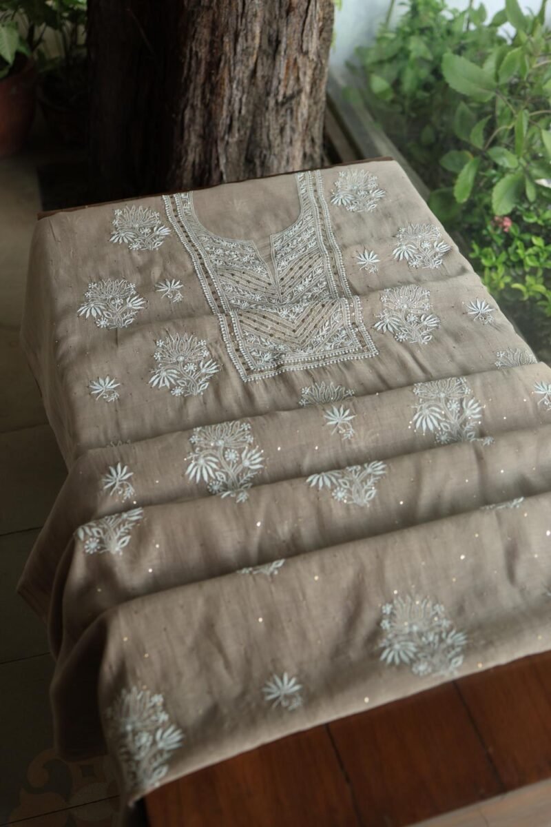 Smokey Grey Mal Cotton Fine Chikankari With Kamdani Work Unstitched Fabric