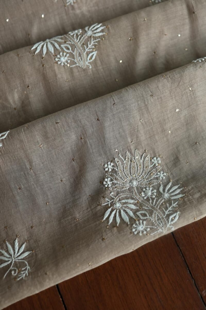 Smokey Grey Mal Cotton Fine Chikankari With Kamdani Work Unstitched Fabric