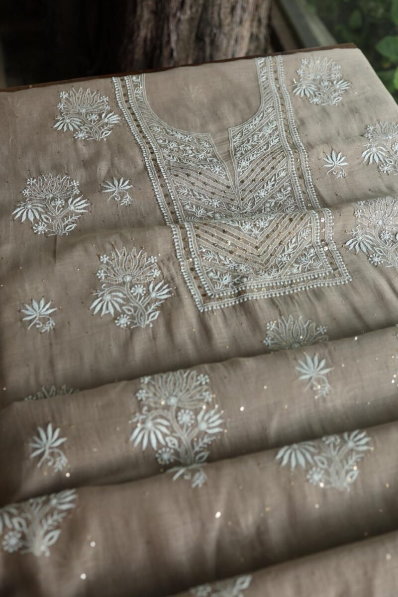 Smokey Grey Mal Cotton Fine Chikankari With Kamdani Work Unstitched Fabric
