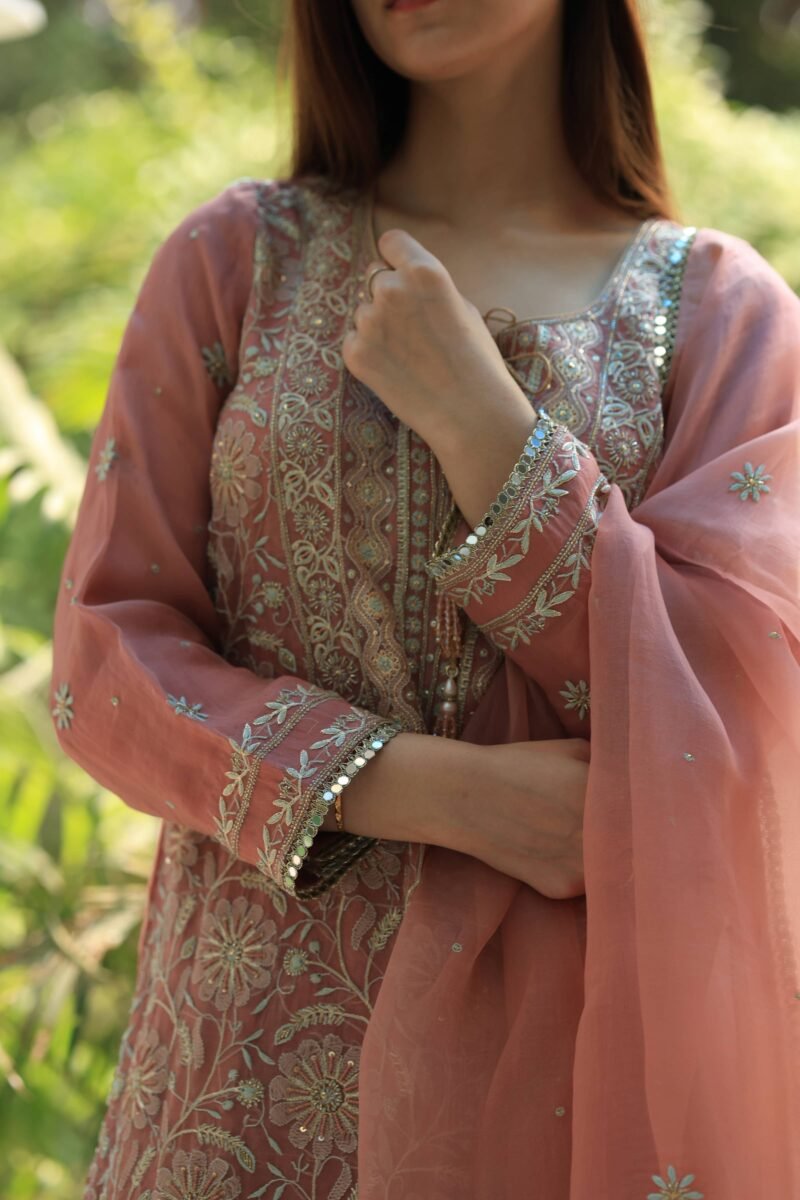 Coral Peach Stripe Organza Chikankari Sharara Set