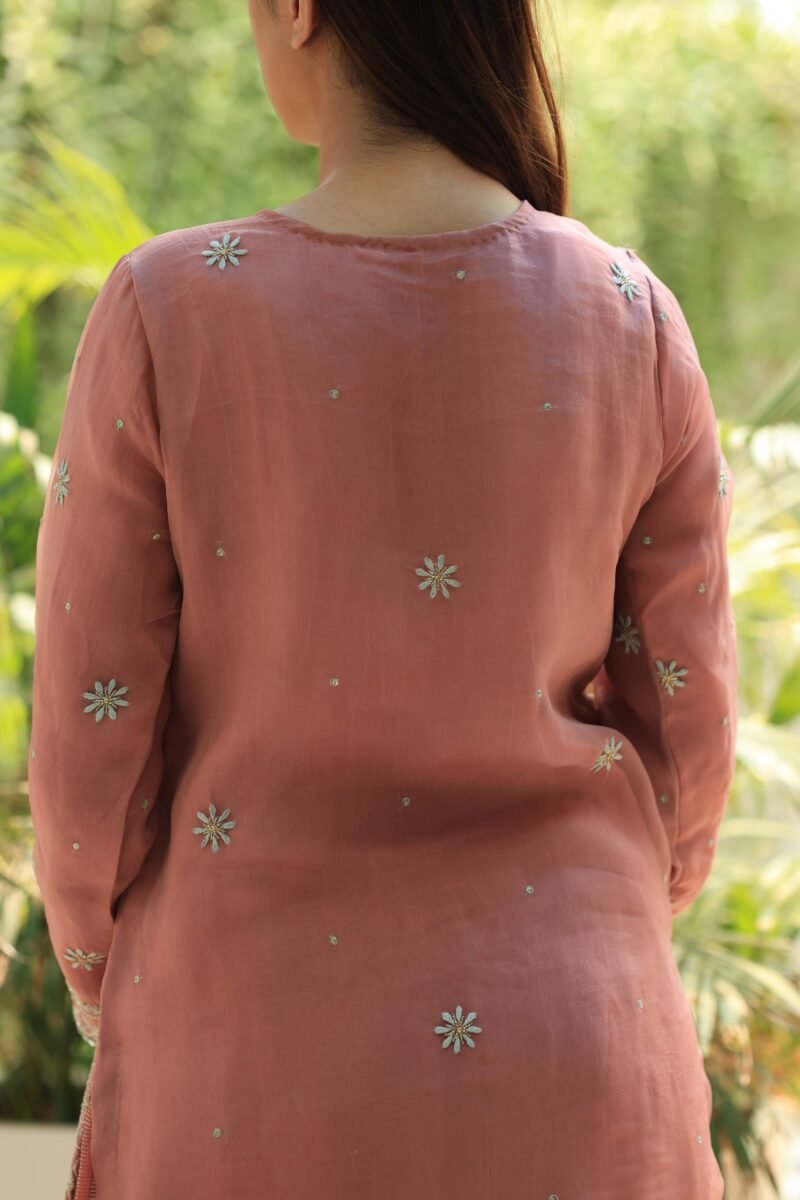 Coral Peach Stripe Organza Chikankari Sharara Set