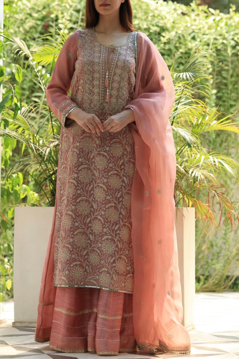 Coral Peach Stripe Organza Chikankari Sharara Set