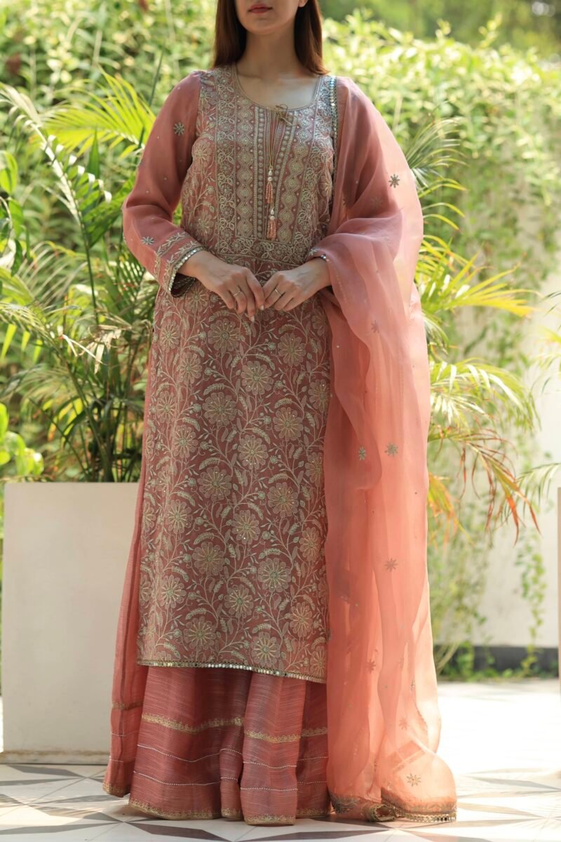Coral Peach Stripe Organza Chikankari Sharara Set