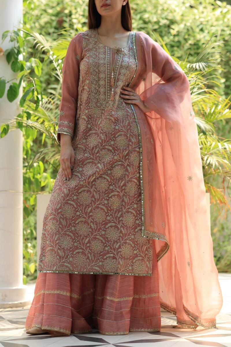 Coral Peach Stripe Organza Chikankari Sharara Set