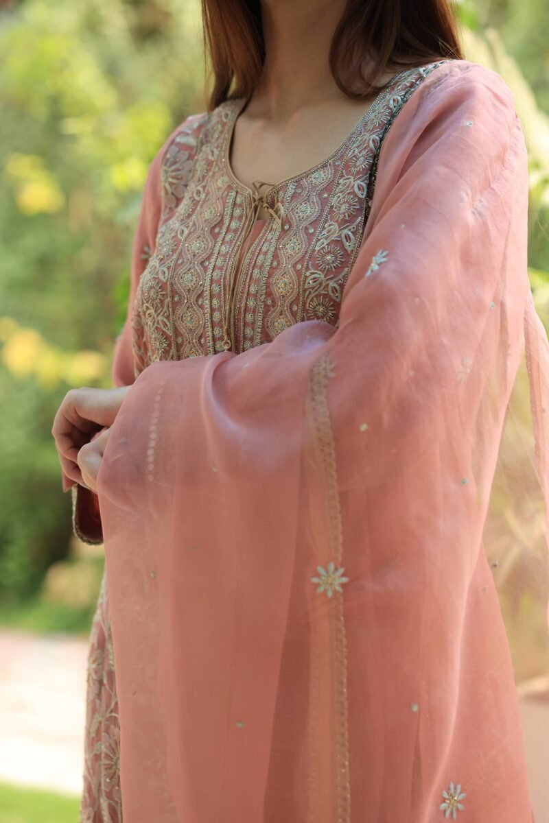 Coral Peach Stripe Organza Chikankari Sharara Set