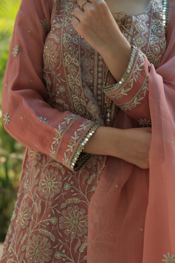 Coral Peach Stripe Organza Chikankari Sharara Set - Image 7