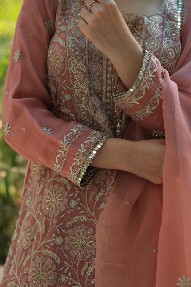 Coral Peach Stripe Organza Chikankari Sharara Set