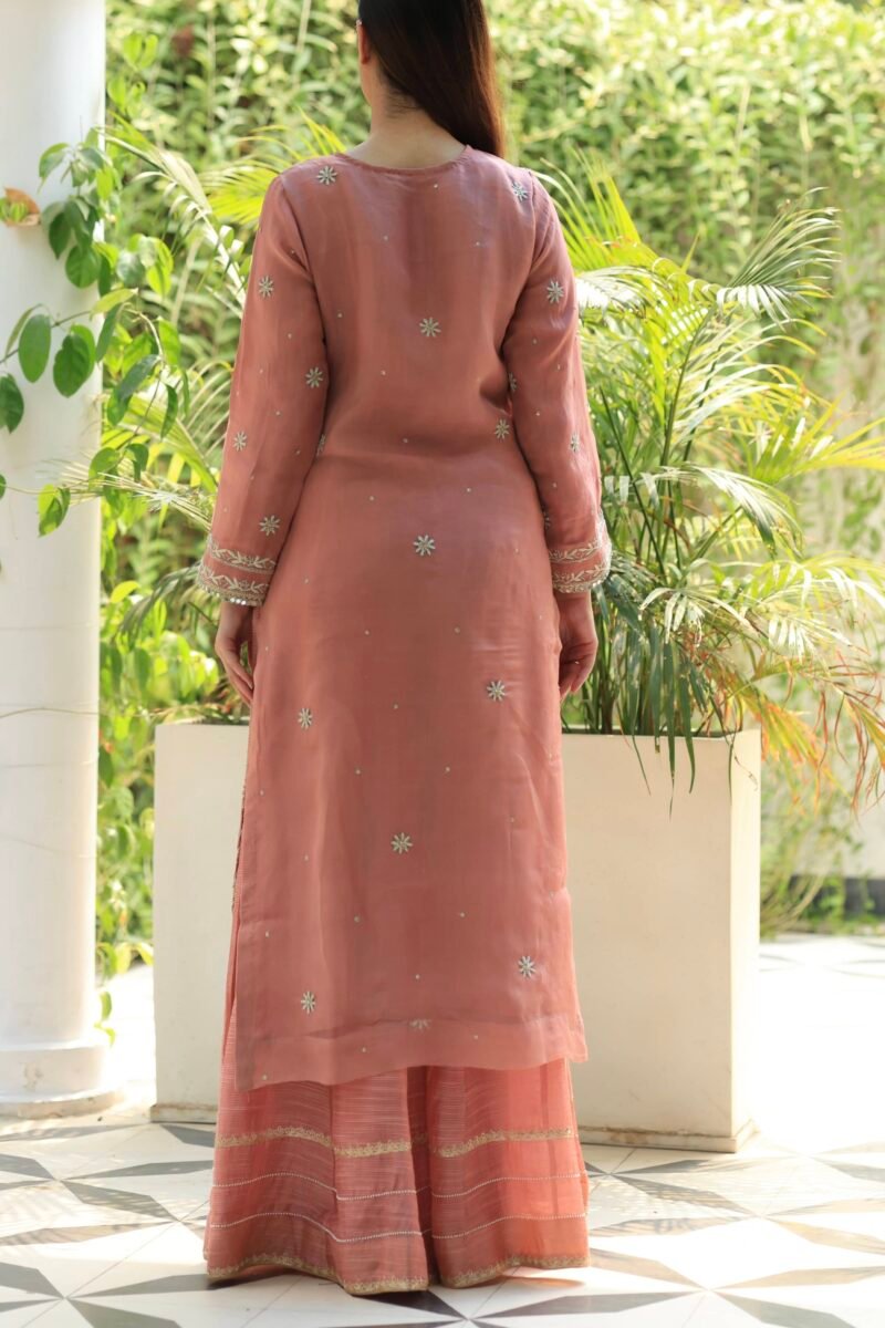 Coral Peach Stripe Organza Chikankari Sharara Set