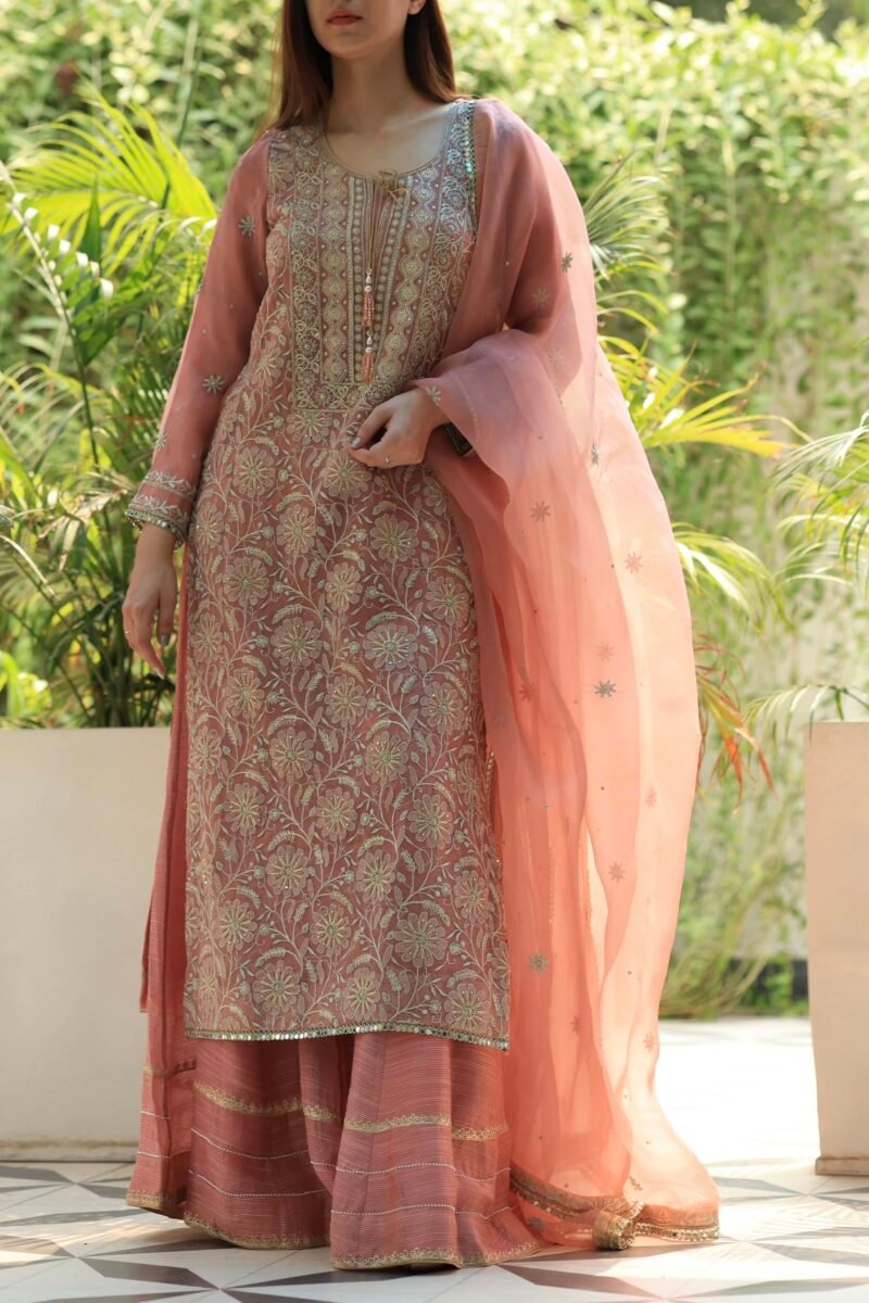 Coral Peach Stripe Organza Chikankari Sharara Set