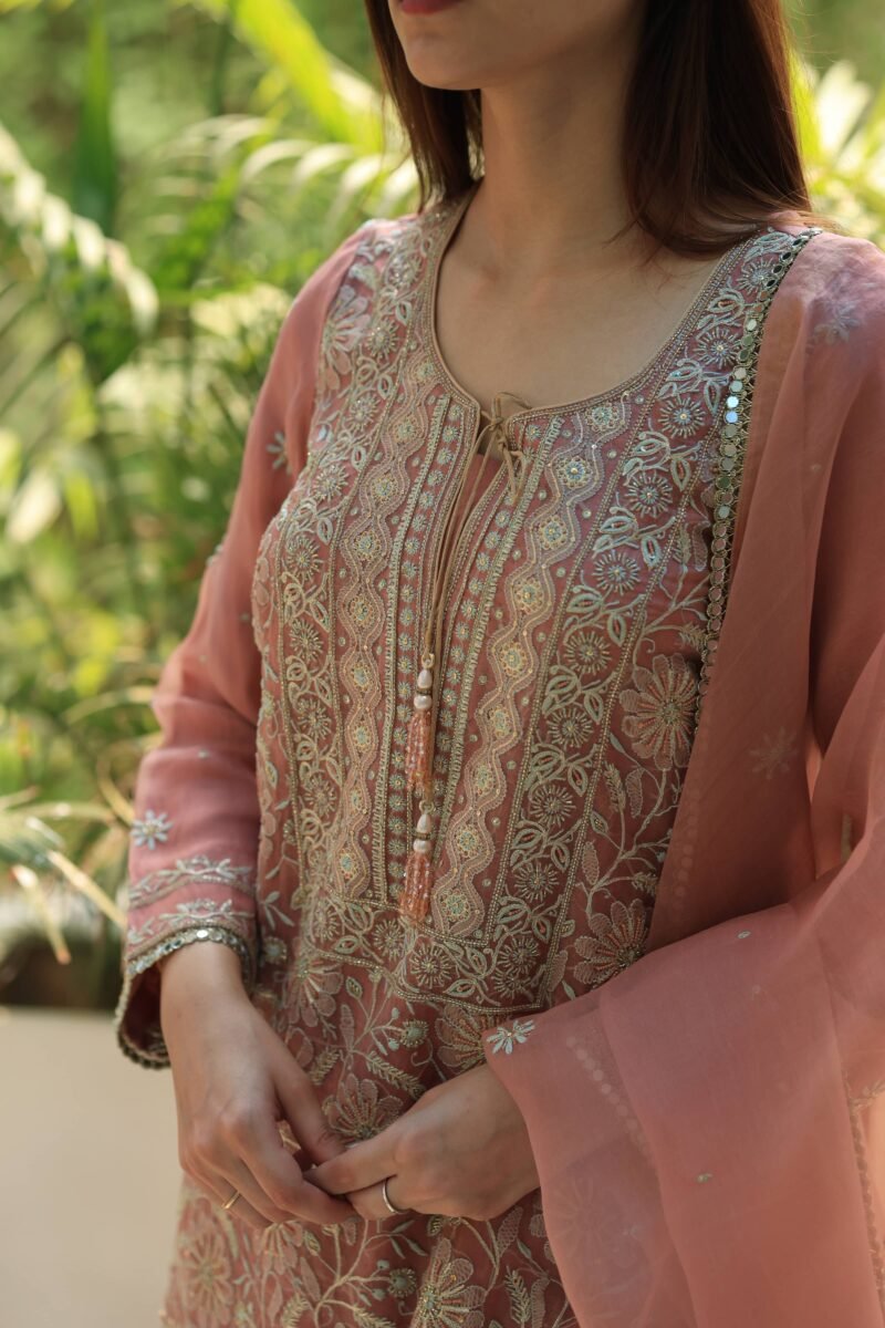 Coral Peach Stripe Organza Chikankari Sharara Set