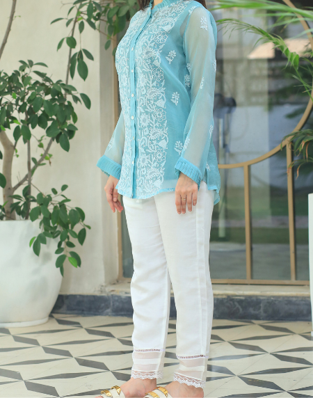 Noor Organza Chikankari Frill Collar Ready To Wear Short Top