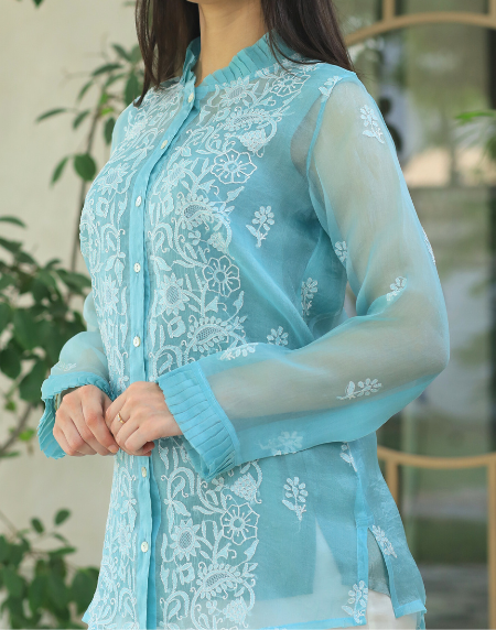 Noor Organza Chikankari Frill Collar Ready To Wear Short Top