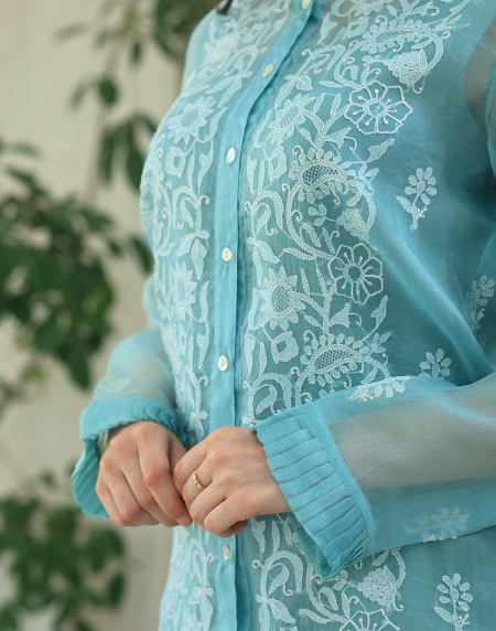 Noor Organza Chikankari Frill Collar Ready To Wear Short Top