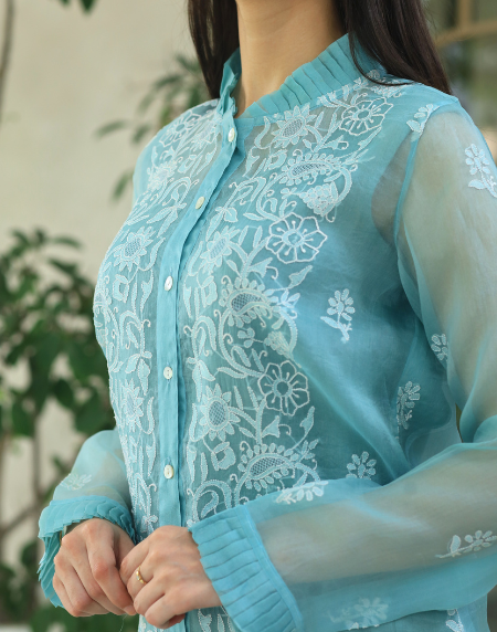 Noor Organza Chikankari Frill Collar Ready To Wear Short Top