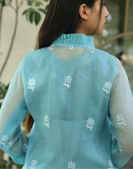 Noor Organza Chikankari Frill Collar Ready To Wear Short Top