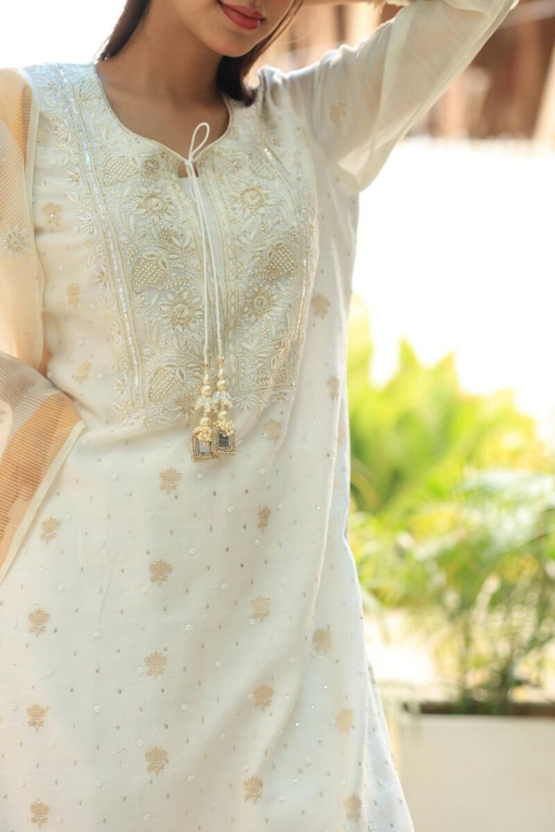 White Banarasi Zari Chanderi Chikankari Sharara Set