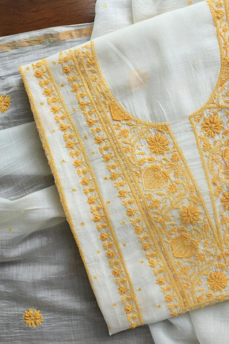 White & Yellow Mal Chanderi Silk Chikankari With Sequins Unstitched Kurta Dupatta Set