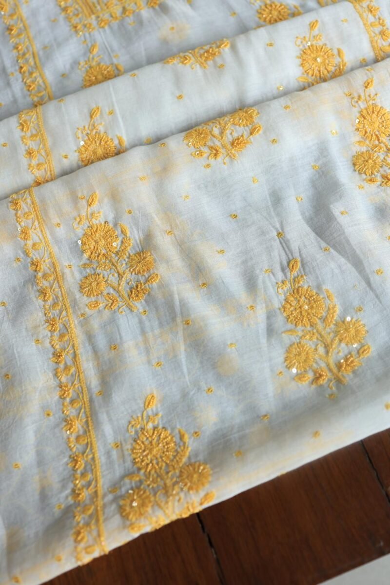 White & Yellow Mal Chanderi Silk Chikankari With Sequins Unstitched Kurta Dupatta Set