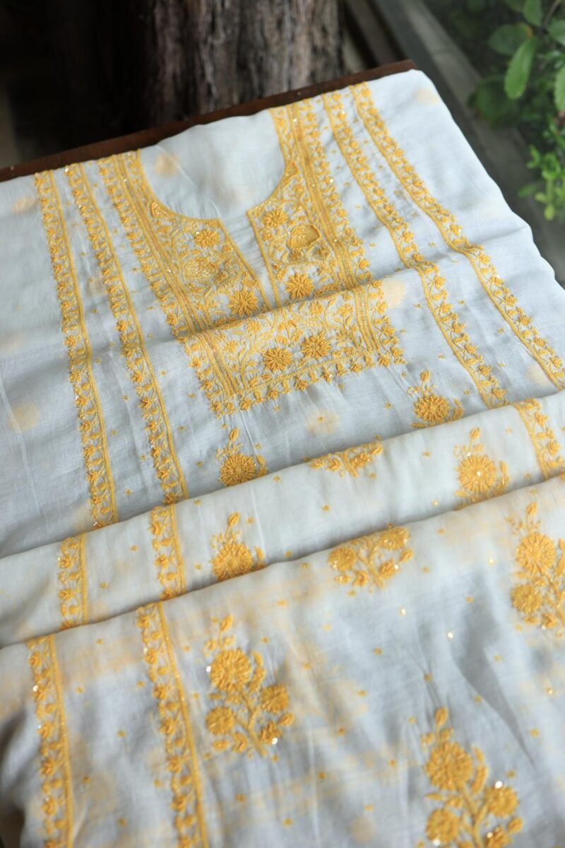 White & Yellow Mal Chanderi Silk Chikankari With Sequins Unstitched Kurta Dupatta Set