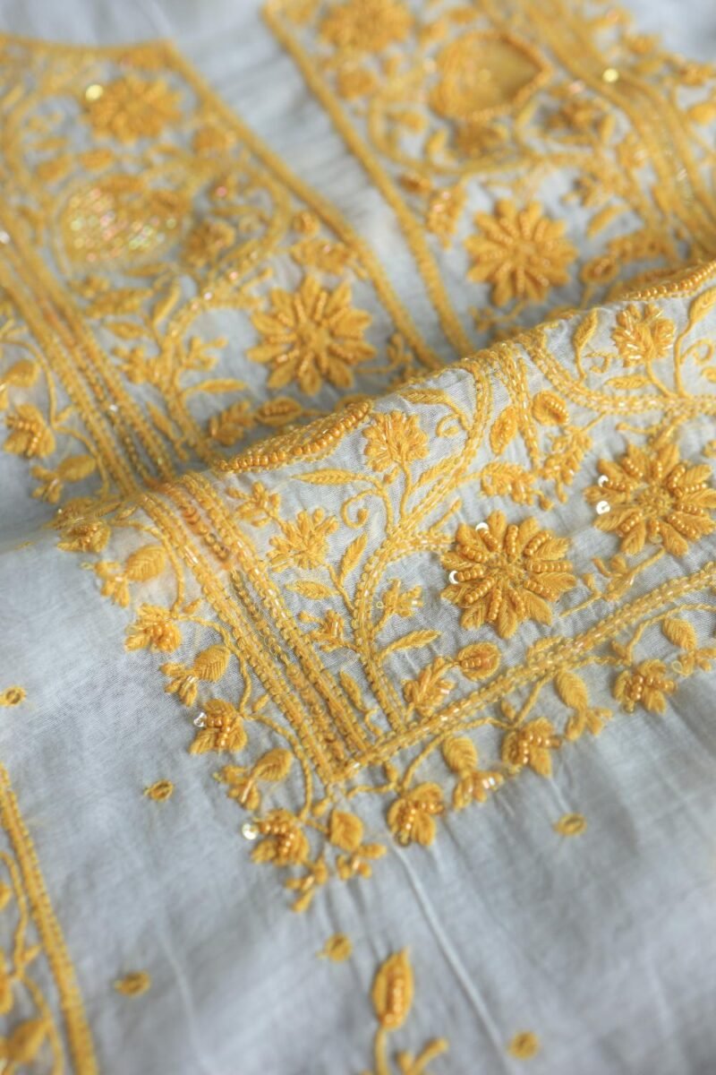 White & Yellow Mal Chanderi Silk Chikankari With Sequins Unstitched Kurta Dupatta Set