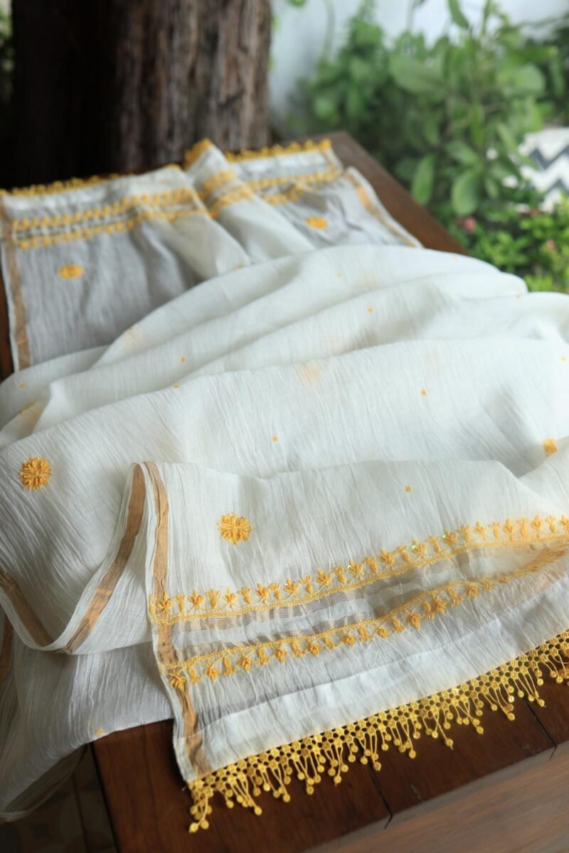 White & Yellow Mal Chanderi Silk Chikankari With Sequins Unstitched Kurta Dupatta Set