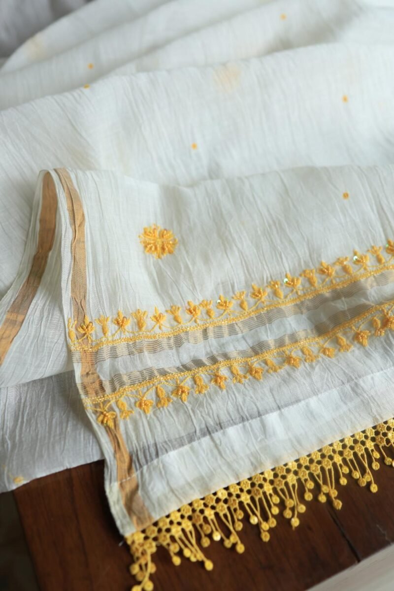 White & Yellow Mal Chanderi Silk Chikankari With Sequins Unstitched Kurta Dupatta Set