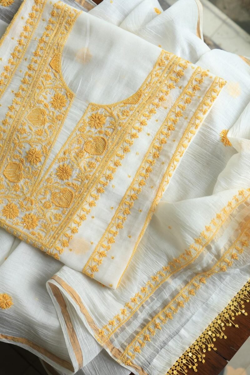 White & Yellow Mal Chanderi Silk Chikankari With Sequins Unstitched Kurta Dupatta Set