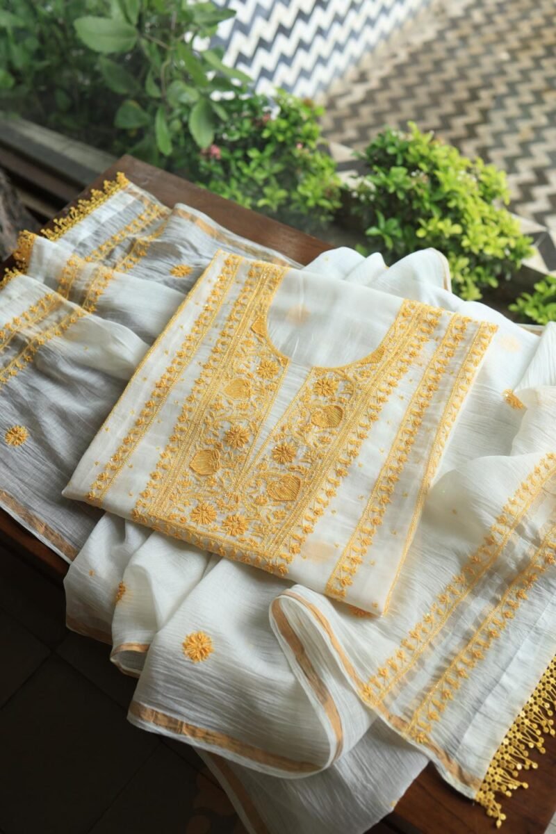 White & Yellow Mal Chanderi Silk Chikankari With Sequins Unstitched Kurta Dupatta Set