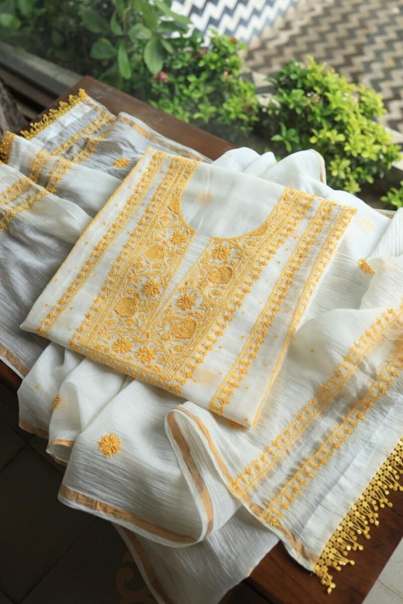 White & Yellow Mal Chanderi Silk Chikankari With Sequins Unstitched Kurta Dupatta Set