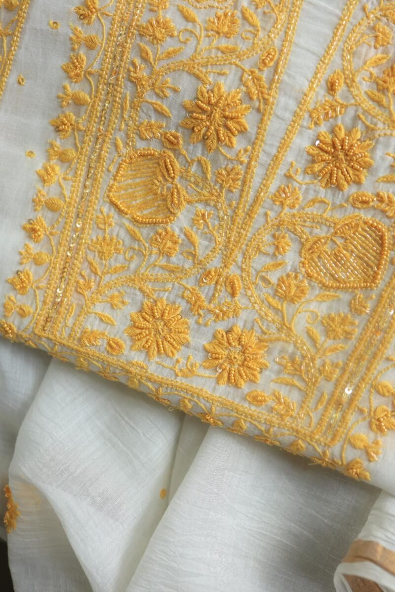 White & Yellow Mal Chanderi Silk Chikankari With Sequins Unstitched Kurta Dupatta Set