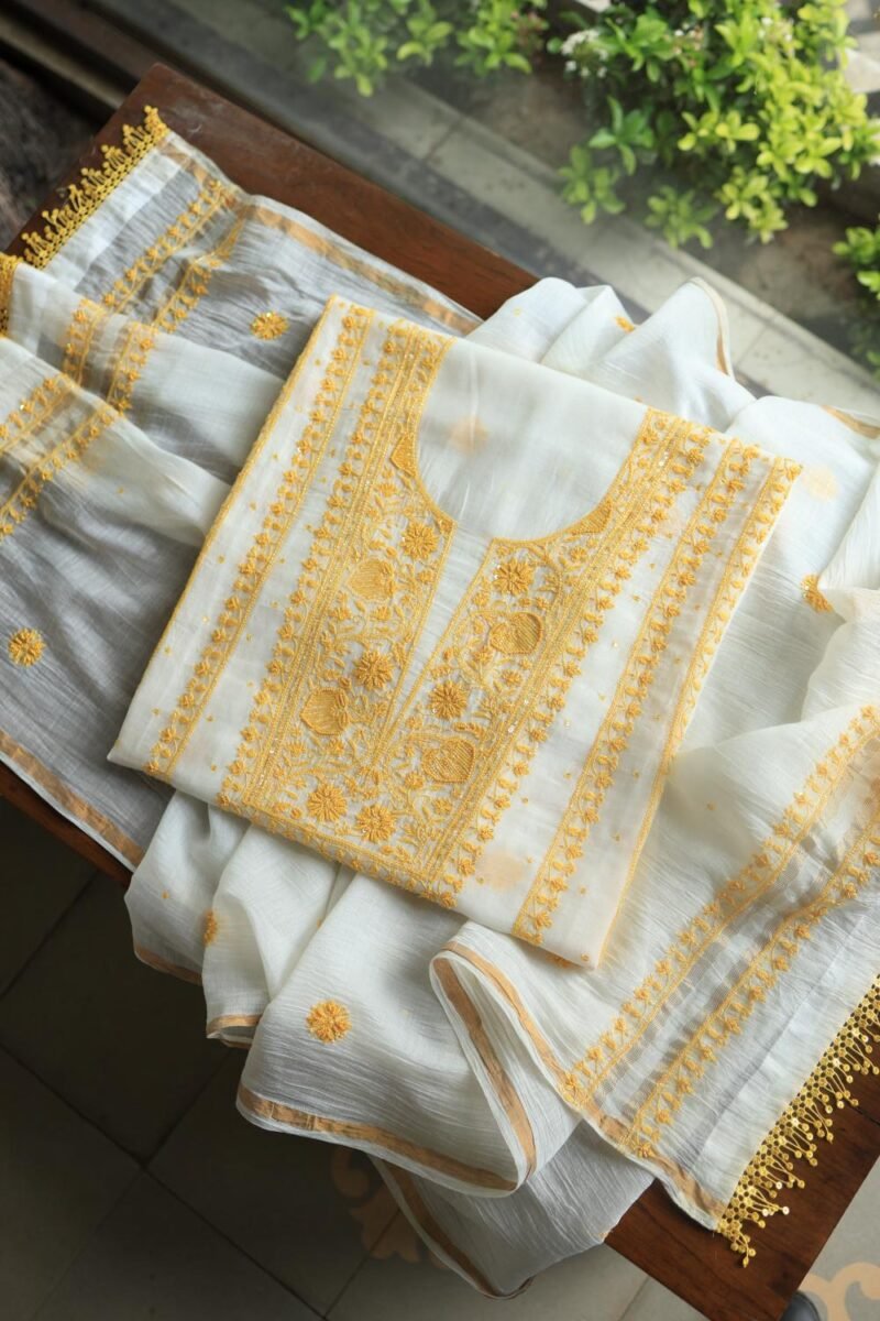 White & Yellow Mal Chanderi Silk Chikankari With Sequins Unstitched Kurta Dupatta Set