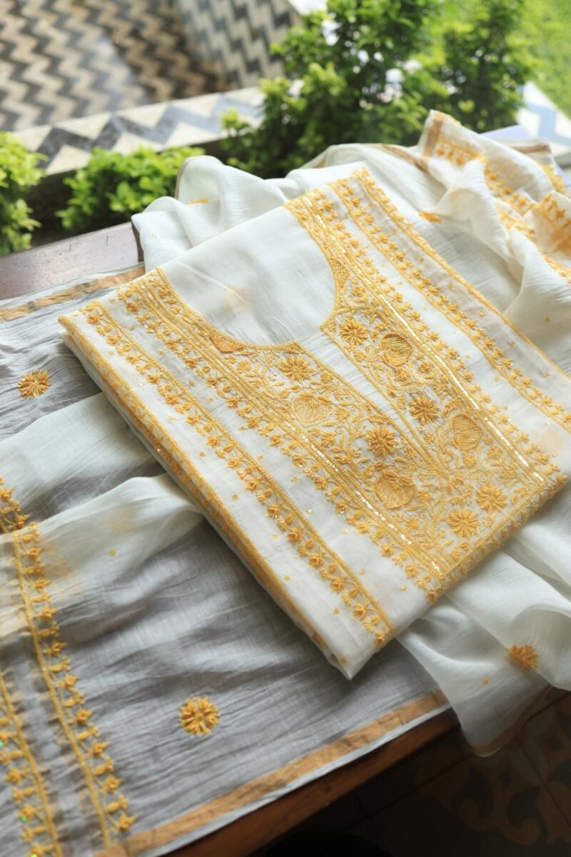 White & Yellow Mal Chanderi Silk Chikankari With Sequins Unstitched Kurta Dupatta Set
