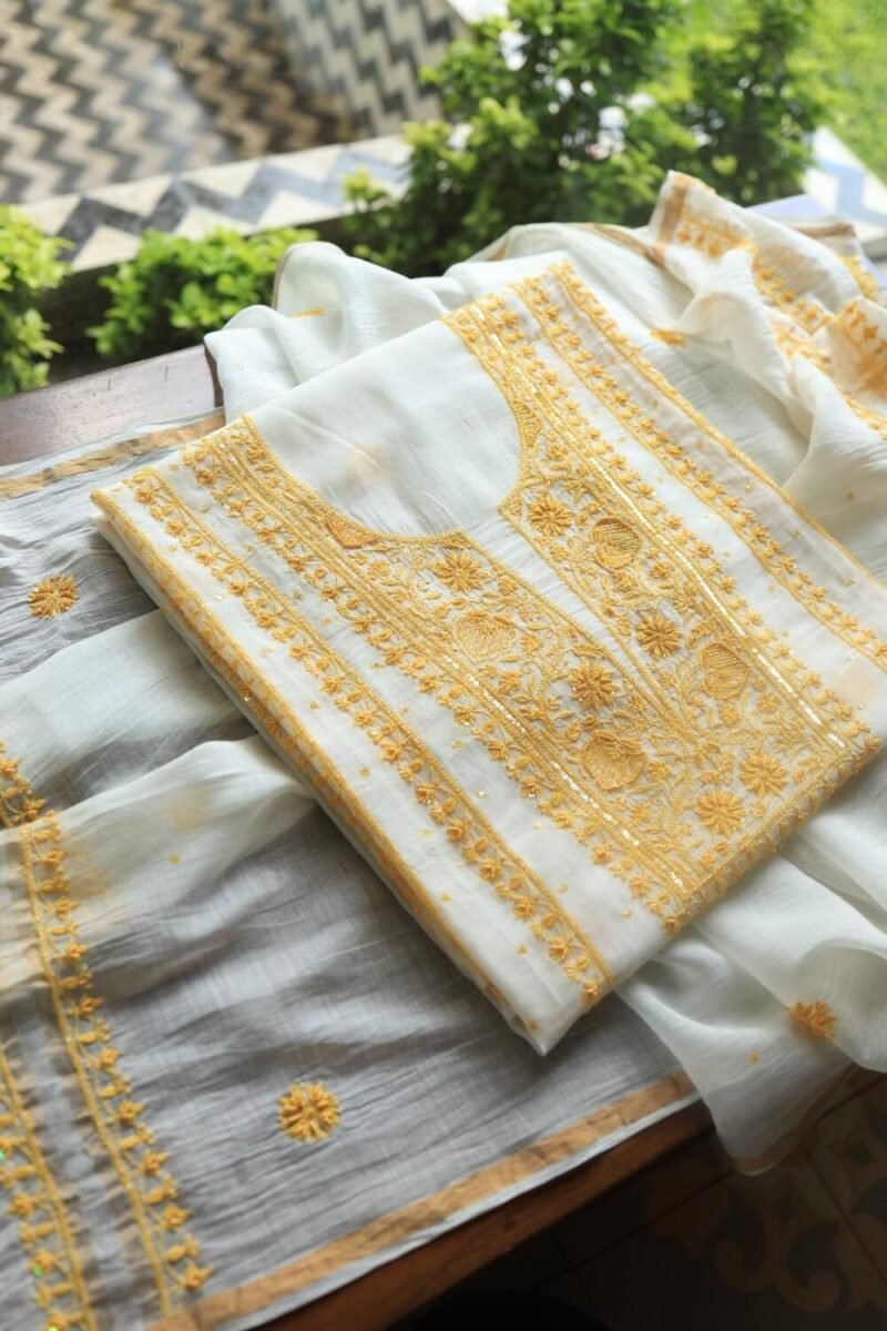 White & Yellow Mal Chanderi Silk Chikankari With Sequins Unstitched Kurta Dupatta Set