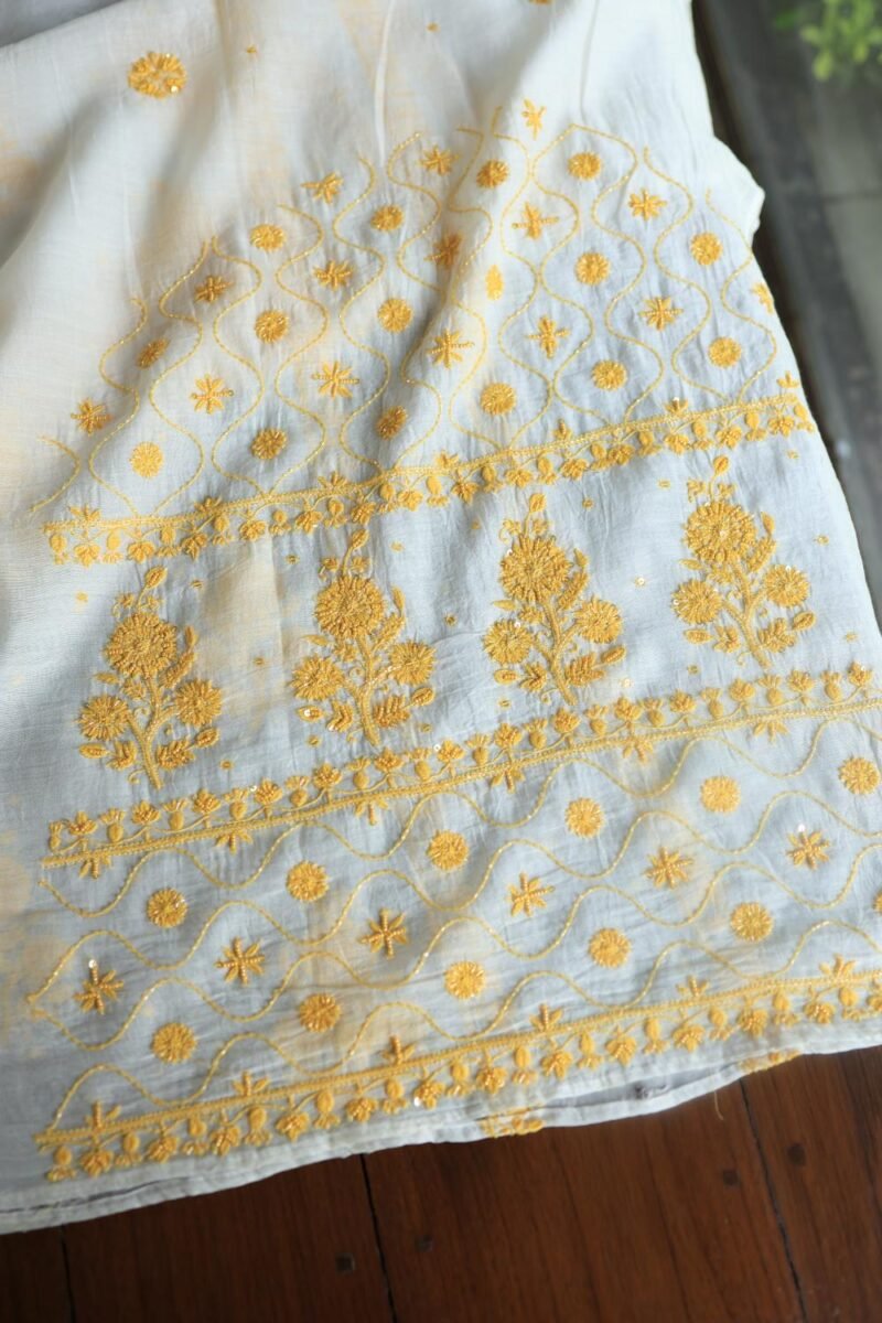 White & Yellow Mal Chanderi Silk Chikankari With Sequins Unstitched Kurta Dupatta Set
