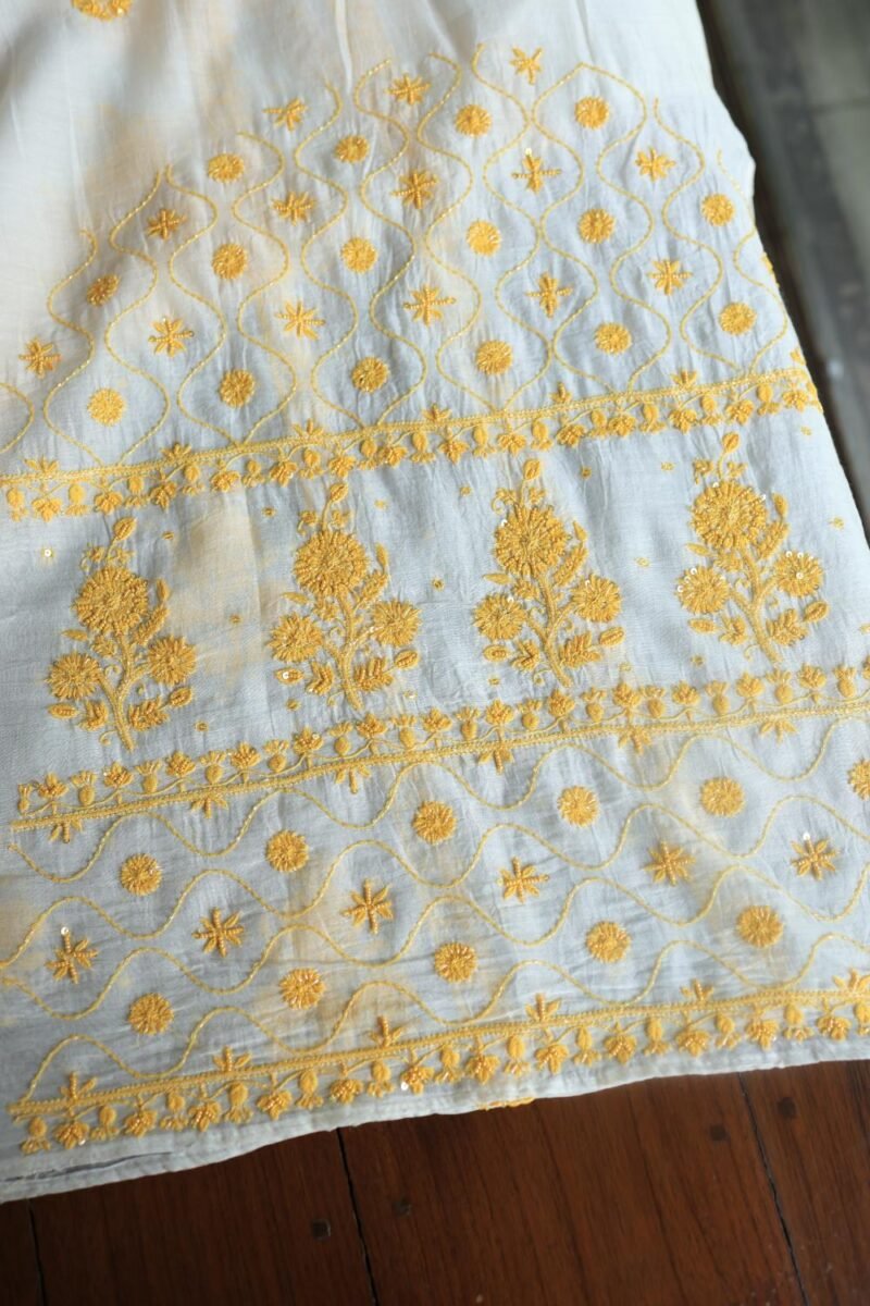 White & Yellow Mal Chanderi Silk Chikankari With Sequins Unstitched Kurta Dupatta Set