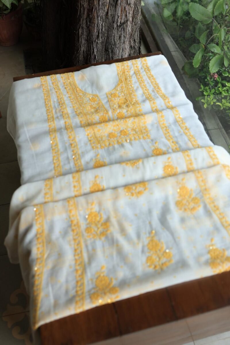 White & Yellow Mal Chanderi Silk Chikankari With Sequins Unstitched Kurta Dupatta Set
